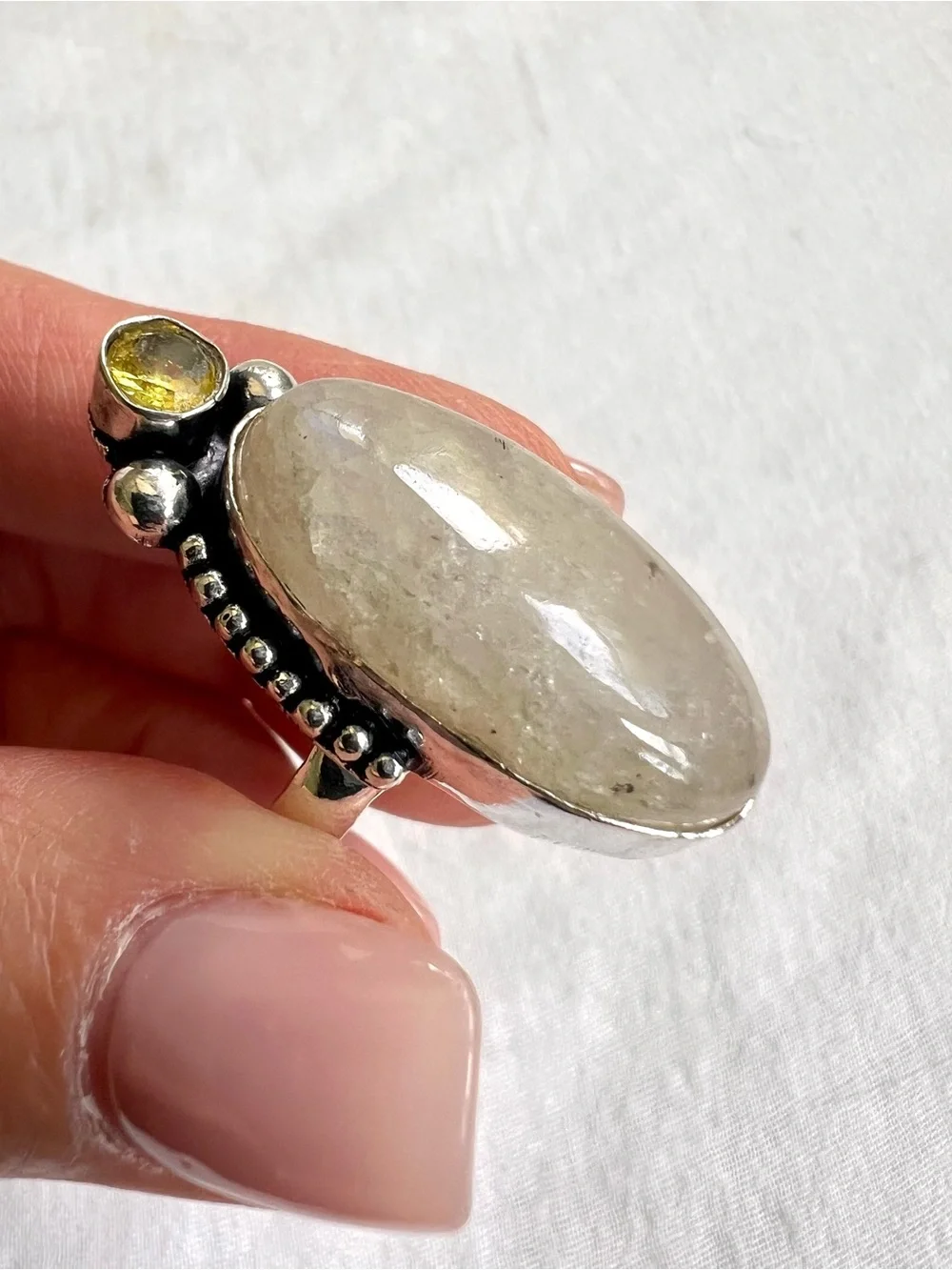 925 Solar Chakra Peach Moonstone Ring 8.25